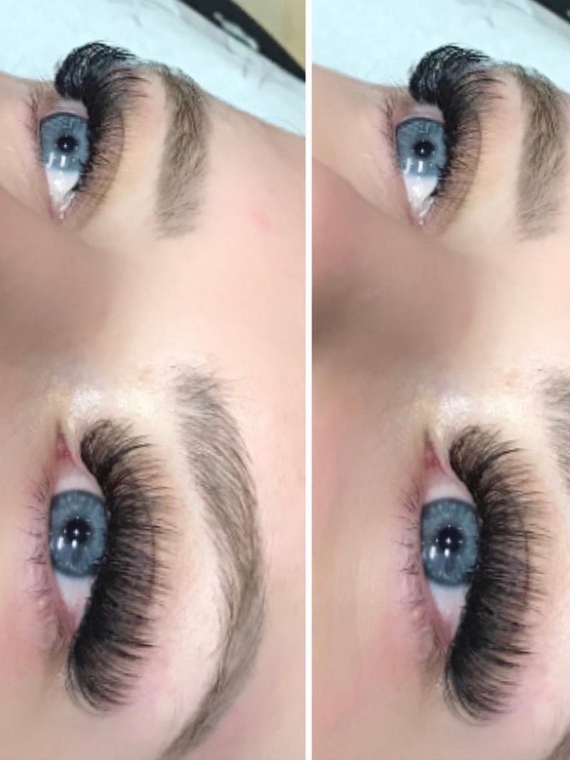 Completed lash extensions from Sarah's portfolio, shown from two angles